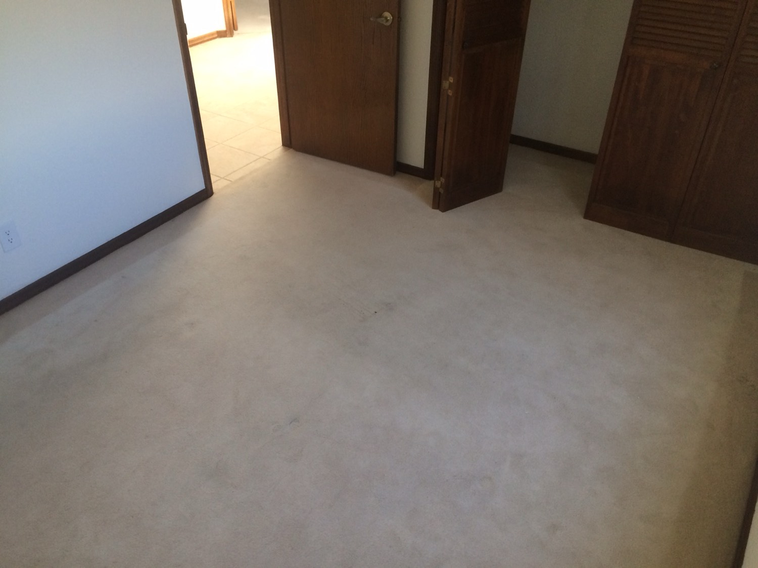 A bedroom with old carpet before the hardwood floor was installed
