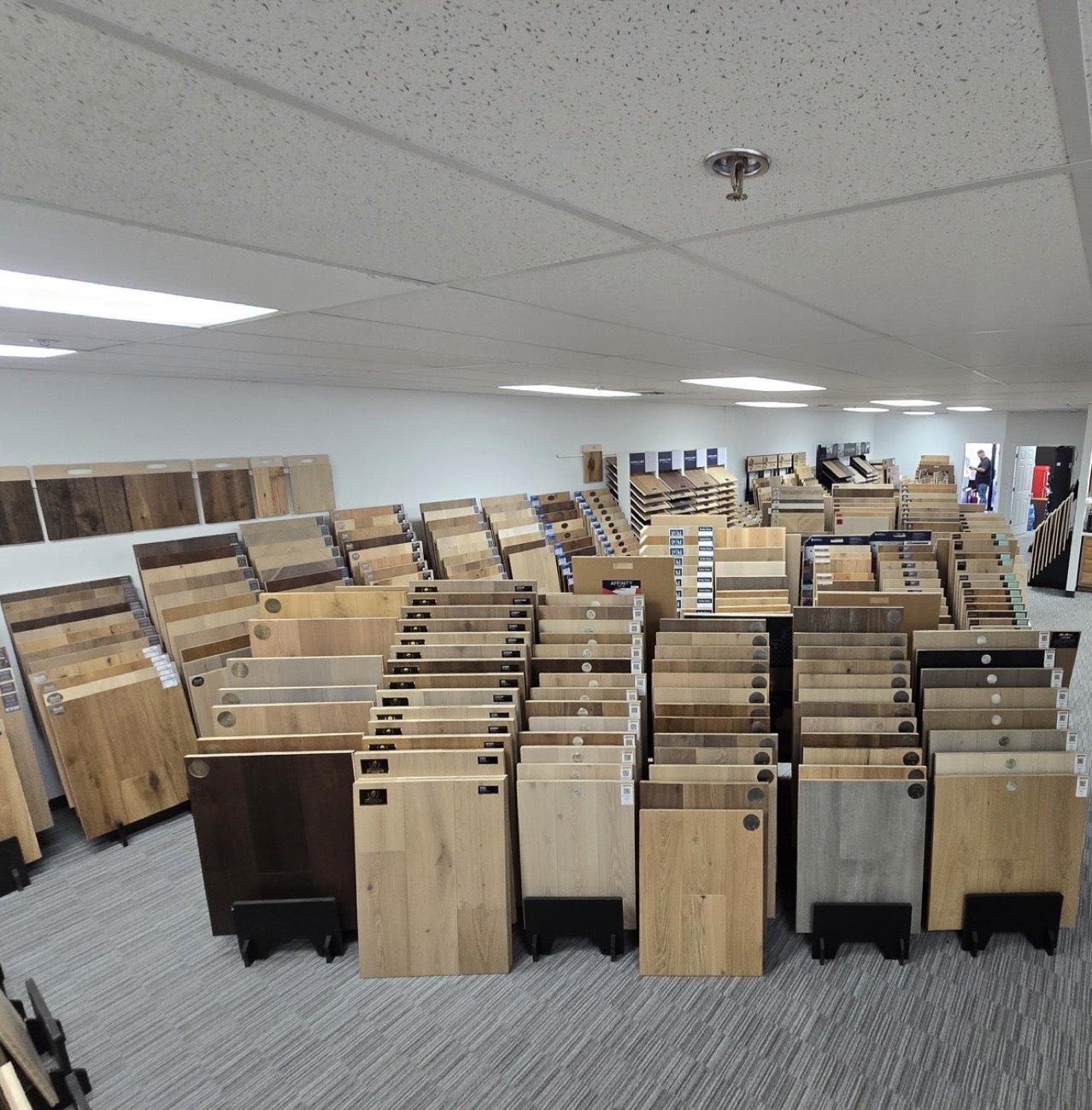 The Olympic Hardwood showroom in Phoenix, rack after rack of hardwood sample boards