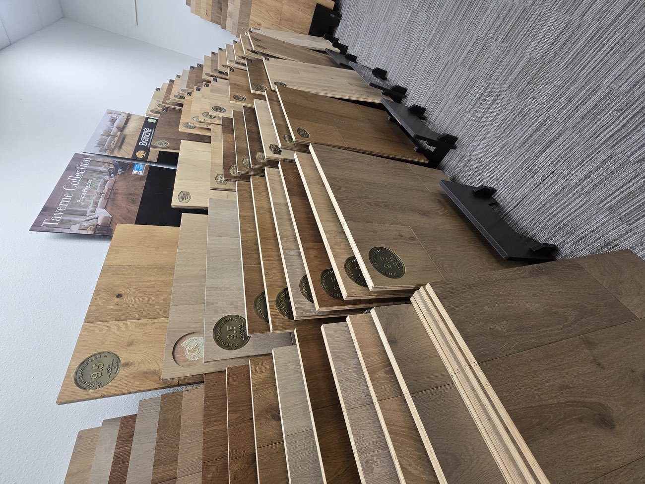 Aisle between hardwood display racks in the showroom